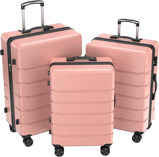 NEWBULIG 3-PCS Set Suitcases Spinner Wheels Lightweight Expandable Travel Hard Shell Luggage with TSA Lock, Pink