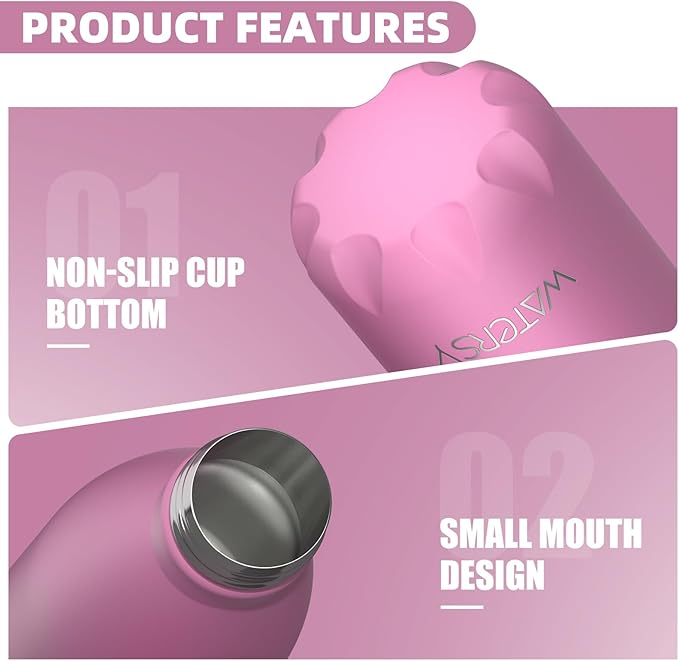 WATERSY Stainless Steel water bottles,17oz/500ml Insulated Water Bottles,Gloss Pink metal water bottle Keeps Drink Cold and Hot,BPA Free kids water bottles for School,Gym,Travel,Sports