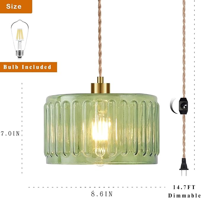 QIYIZM Plug in Pendant Light Hanging Lights with Plug in Cord Boho Hanging Lamp Glass Gold Mid Century Modern Vintage Dimmable Green Flower Plug in Chandelier Ceiling Fixture for Living Room,Kitchen