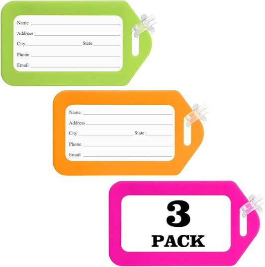 3 Pack Neon Luggage Tag Bright Luggage Tags for Suitcases Bag Tags Name Tags for Kids Travel Accessories Must Haves by Sodsay (Neon)