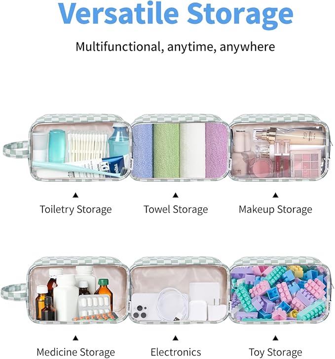 Narwey Clear Toiletry Bags for Traveling Women Men, Clear Travel Bags for Toiletries Makeup Bag Cosmetic Bag with Zipper, Make Up Organizer, Skincare Bag (Mint Green Checkerboard)