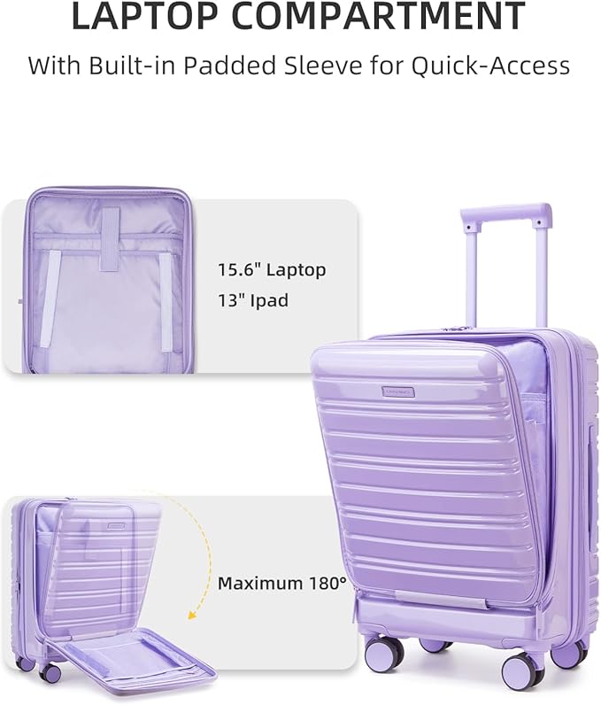 LARVENDER Carry On Luggage 22x14x9 Airline Approved, 20 Inch Expandable PC+ABS Hardside Carry On Luggage with Front Pocket Spinner Wheels TSA Lock for Women Men (Lavender)