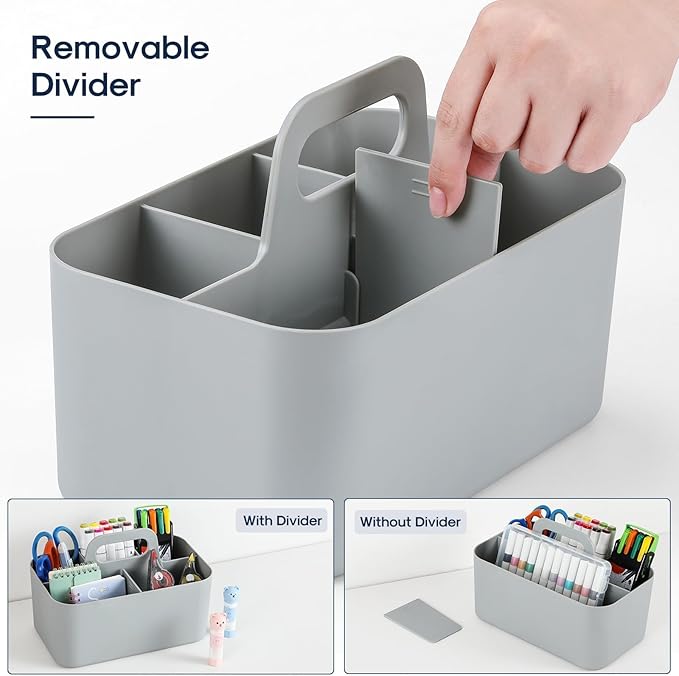 Multiuse Caddy Organizer with Handle, Portable Divided Plastic Tote Bin - Art Craft, Stationary Pen Marker Crayons, Makeup Hair Supplies Storage - Bathroom, Classroom, Dorm, Office, Desk Holder - Grey