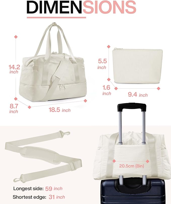 Weekender Bags for Women, BAGSMART Travel Duffel Bags with Shoe Compartment,Personal Item Travel Bag for Airlines, Carry on Overnight Tote Bag with Toiletry Bag (Light Beige,2pcs)