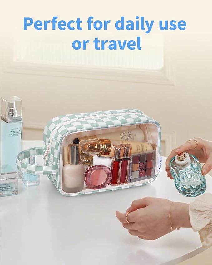 Narwey Clear Toiletry Bags for Traveling Women Men, Clear Travel Bags for Toiletries Makeup Bag Cosmetic Bag with Zipper, Make Up Organizer, Skincare Bag (Mint Green Checkerboard)