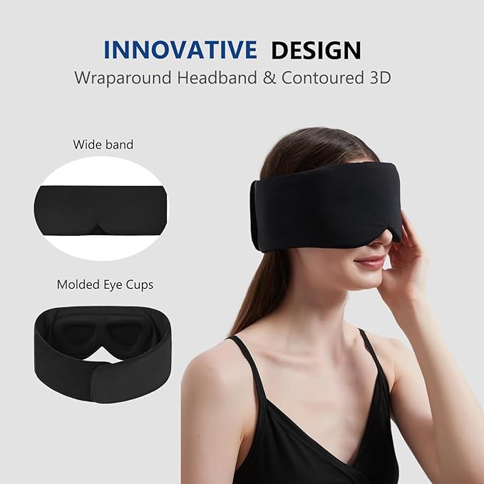 Sleep Mask ALASKA BEAR Wraparound Cool for Side and Back Sleeper, Adjustable Headband Eye Mask and Ear Cover Blindfold for Full Blackout, Upgraded w/o Buckles for Sensitive