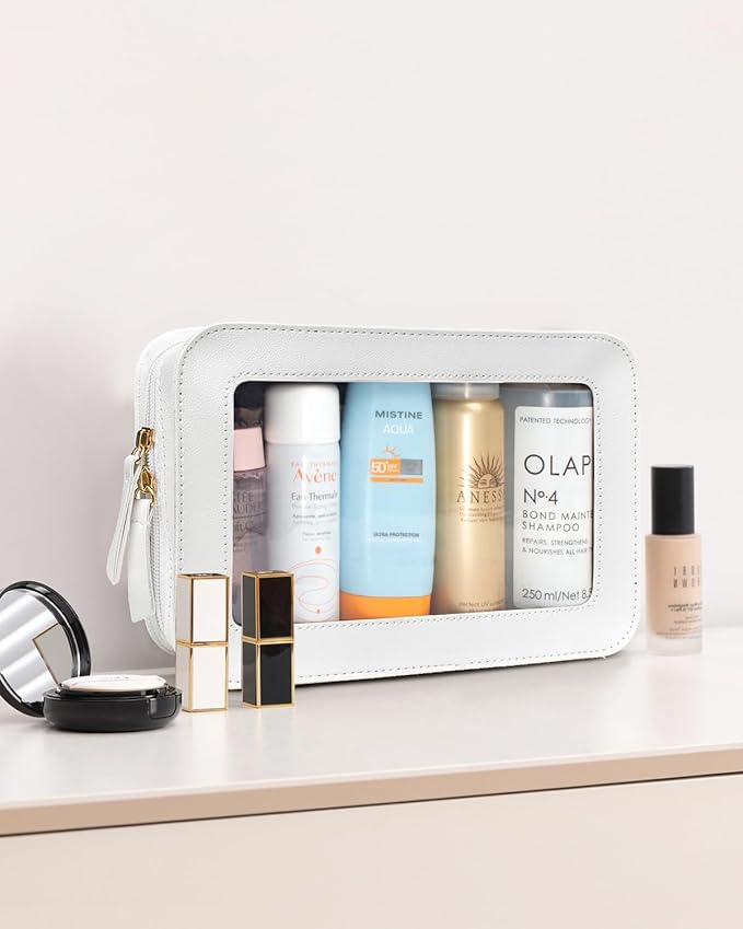 LETGO Clear Toiletry Bag, Portable Travel Makeup Pouch with Zipper, TSA Approved Organizer, PVC Cosmetic for Airport Airline Compliant (White)