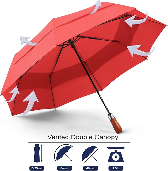 Lejorain Large Folding Golf Umbrella - Compact Mens Umbrellas Travel Rain and Windproof 54inch Collapsible Automatic Open Close Umbrella 210T Teflon Vented Double Canopy