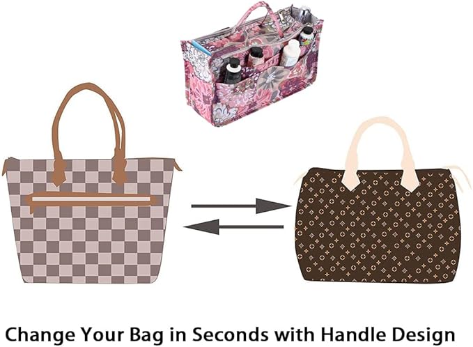 BTSKY Printing Handbag Organizers Inside Purse Insert - High Capacity 13 Pockets Bag Tote Organizer with Handle (Peony)