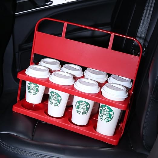 Bodaon 8 Cup Drink Carrier with Handle, Plastic Cup Carriers for Drinks, Drink Holder for Car, Take Out Delivery Drivers Accessories, Portable Foldable Reusable Mobile, Use for Food Delivery Bag, Red