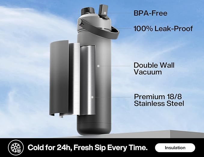POWCAN 26 oz Insulated Water Bottle with 2-in-1 Straw and Spout Lid, Keep Cold 24H, Leak-Proof, Fits in Car Cup Holder, Stainless Steel Water Bottle for Sports, Travel, Gym, and School (Obsidian)