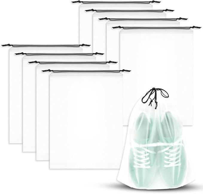 8 Pack Waterproof Travel Drawstring Shoe Bags, Clear Travel Essentials Drawstring Shoe Storage Bags (15.7" x 11.8"), Waterproof, Portable Shoe Storage for Packing Travel Essentials for Men & Women