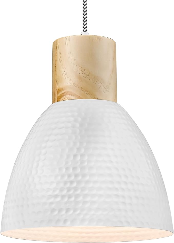 ELYONA 10.2” Hammered Pendant Light Fixtures, Metal & Rubber Wood Island Hanging Lamp, Adjustable Height, Modern Pendant Lighting for Kitchen,Farmhouse Bar,Dining Room,Bedroom, Nordic White