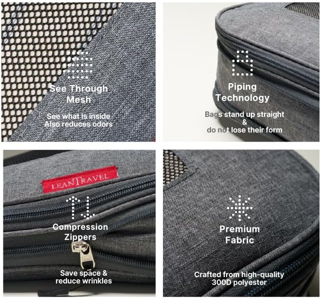 LeanTravel Premium Compression Packing Cubes for Travel - Suitcase Organizer Bags with Double Zipper & Breathable Mesh Panel - Space Saving Carry On Luggage Essentials (4-Pack, Grey)