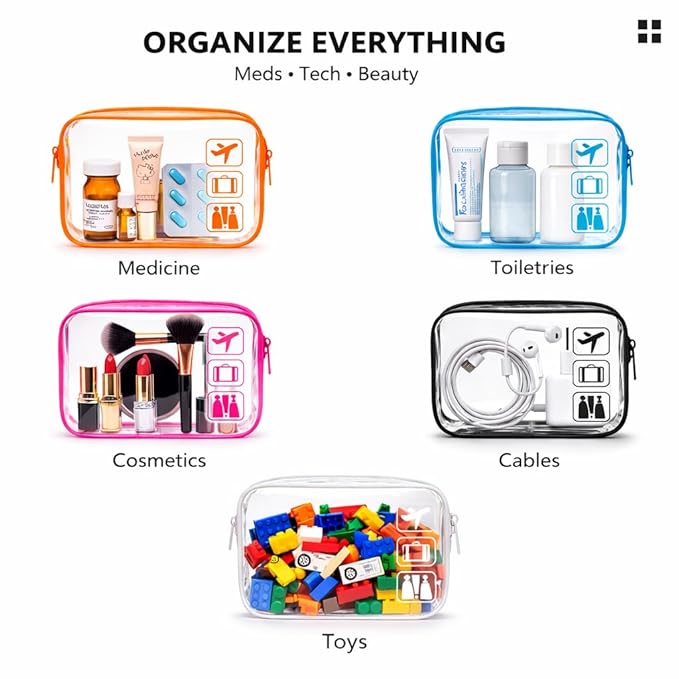 F-color TSA Approved Toiletry Bag 5 Pack Medium - Clear Makeup Bag Travel Quart Size for Women Men, Clear Cosmetic Bag Airport Airline Compliant Carry on Bag, 5 Colors