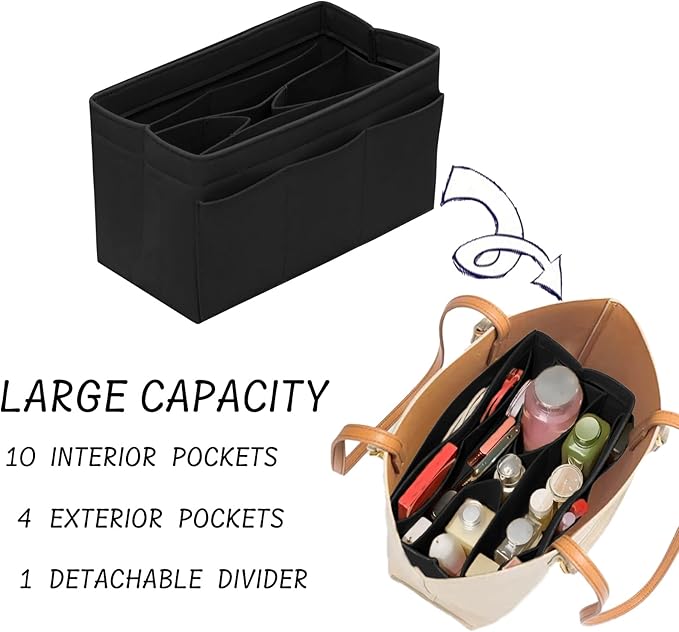 DailyPlus Purse Organizer Insert Felt Bag Organizer Handbag Organizer Insert Bag In Bag Organizer for Tote Purse Bag 14 Pockets Black Large