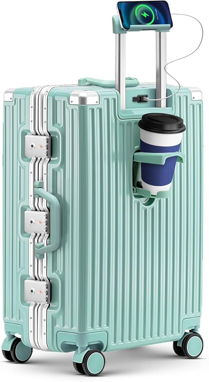 Zipperless Suitcase, 28 Inch Checked Luggage, Hardshell Aluminum Frame Polycarbonate Luggage with Phone Holder, Cup Holder, Charging Port, TSA Lock, Spinner Wheels for Vacations, Mint Green