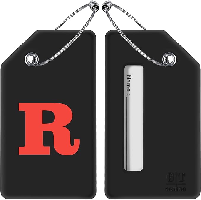 Gostwo 2 Pack Silicone Luggage Tags for Suitcases, 26 Initial Letter Baggage Labels Handbag School Bag Suitcase Instrument Tag with Stainless Steel Loop(Black & White) (Letter R)