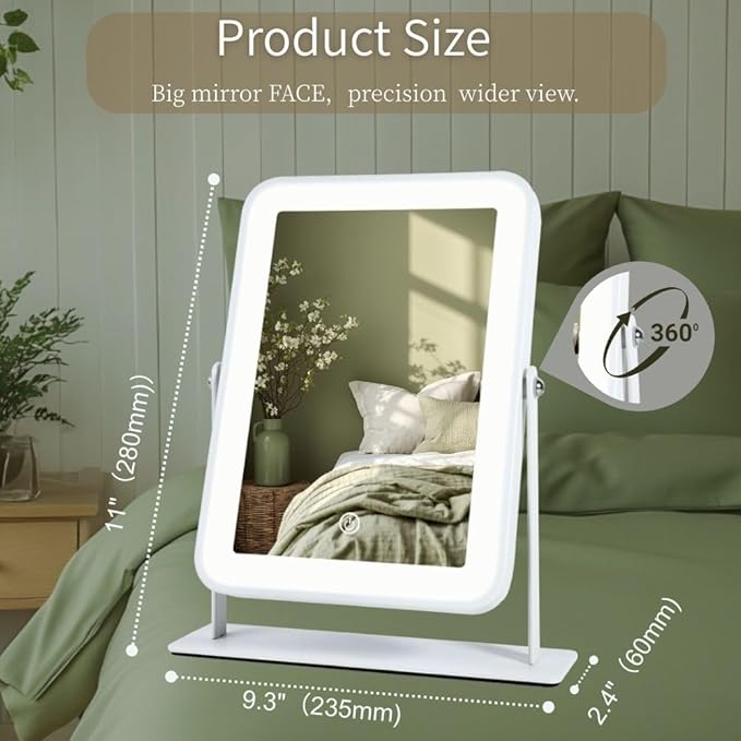 9"x11" Rechargeable Desktop Makeup Mirror with LED Lights, Adjustable Brightness Lighted Vanity Mirror, Tabletop Mirror for Bedroom, Gifts for Women with 3-Color Smart Touch Dimmable Lighting