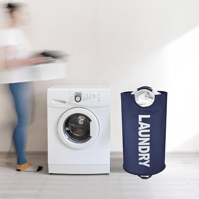90L Large Laundry Basket, Freestanding Tall Clothes Hamper, Collapsible Laundry Bag, Dark Blue