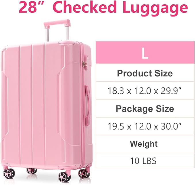 28 Inch Checked-Large Luggage, Lightweight ABS Hard Shell Suitcase with Spinner Wheels, Expandable Travel Luggage with Combination Lock & Side Hooks for Men Women, Pink