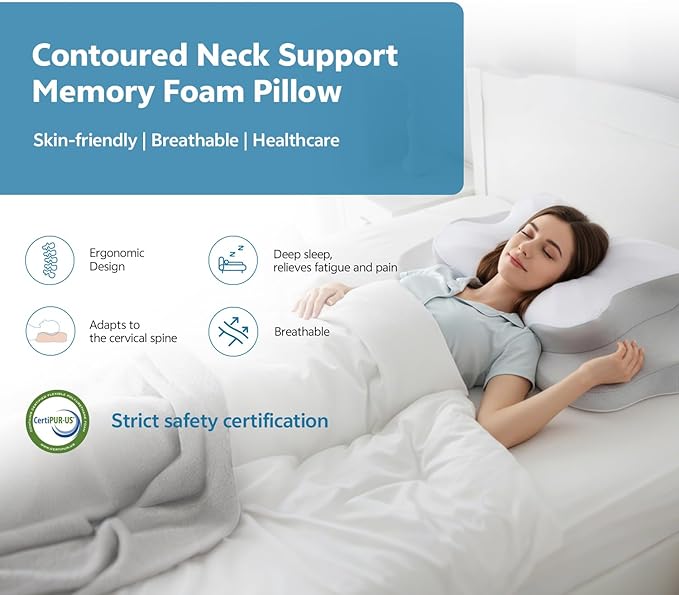Talc-Free Cervical Memory Foam Pillow for Neck and Shoulder, Butterfly-Shaped Ergonomic Breathable Pillow for Side Back Stomach Sleepers with Pillowcase, Skin-Friendly Fabric