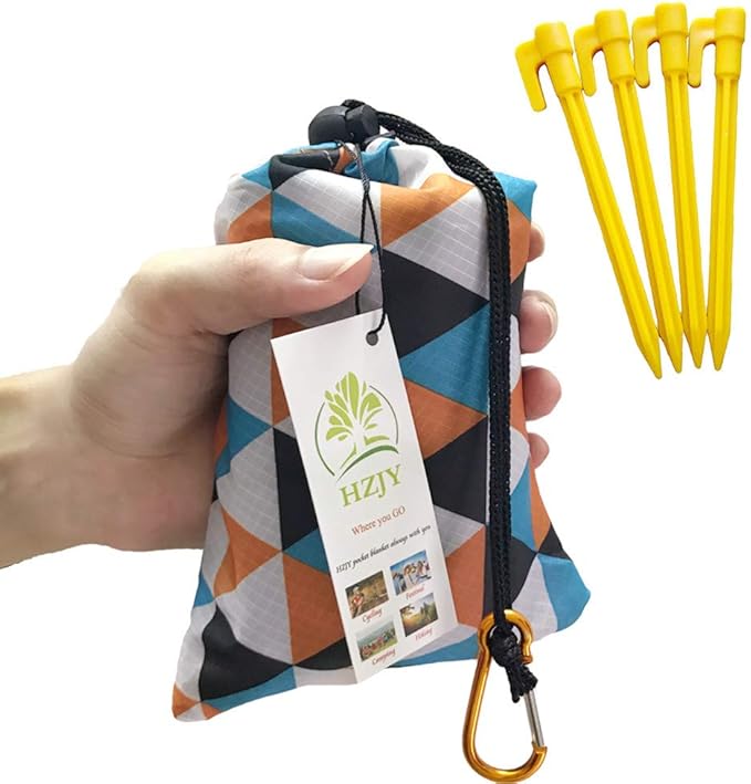Pocket Blanket 71"x55", Lightweight Compact Sandproof Waterproof Outdoor Blanket for Beach, Hiking, Camping, Travel, Festivals, Picnic with Pockets, Loops, Stakes, Carabiner