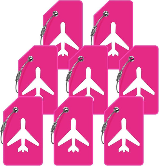 8pack Luggage Tags for Suitcases with Name ID Card,Quickly Identify Travel Tags for Luggage, Backpacks, Bags, Baggage, Cruise Suitcases - Flexible & Bright Silicone (Neo Pink
