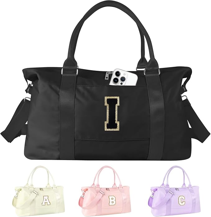 Dance Gym Duffel Bag for Teen Girls, Personalized Initial Travel Weekender Bag,Cute Overnight Carry On Duffle for Women,Sports Travel Cheer Bag,Monogram Christmas Gifts for Tween Preppy(black-I)