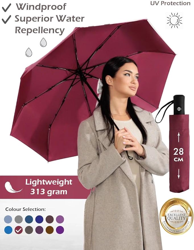 Windproof Travel Umbrella - Compact, Light, Full Automatic Open/Close - Folding Backpack Umbrella for Rain & Sun UV Preotection For Men & Women, Unbreakable 8 Fiberglass Ribs UK Design