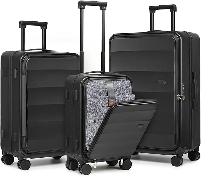 Joyway Luggage Set 3 Piece Top Opening Suitcase Set with Spinner Wheel and TSA Lock, PC Hard Shell Carry on Luggage with Front Pocket for Woman Men (Black)