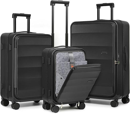 Joyway Luggage Set 3 Piece Top Opening Suitcase Set with Spinner Wheel and TSA Lock, PC Hard Shell Carry on Luggage with Front Pocket for Woman Men (Black)