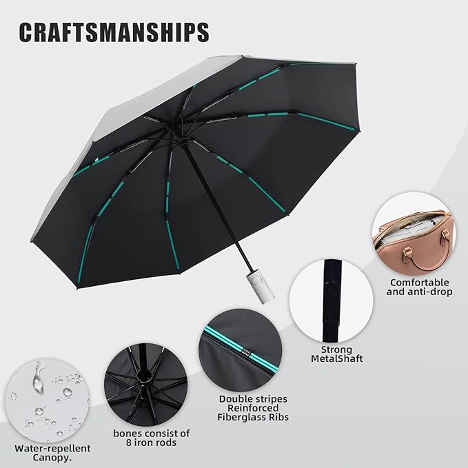 Compact Automatic Folding Travel Umbrella-Windproof Rainproof, PF50+ Sun Protection for Hiking,Outdoor,Chool,Golf Course & Daily Use,Sturdy Multi-Ribbed Frame