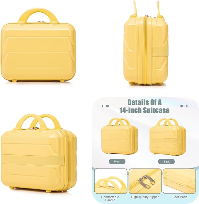 2-Piece ABS Hard Shell Lightweight Carry-On Luggage Set (14" & 20"), 360-Degree Spinner Wheels, Adjustable Telescopic Handle and Combination Lock for Travel, Yellow