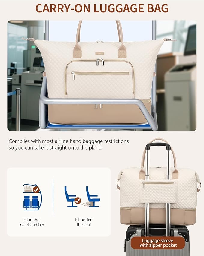 Weekender Bags for Women, Travel Duffle Bag Carry On Overnight Bag with Cosmetics Bag and Crossbody Purse for Gym Hospital, Gifts for Women, Beige Camel