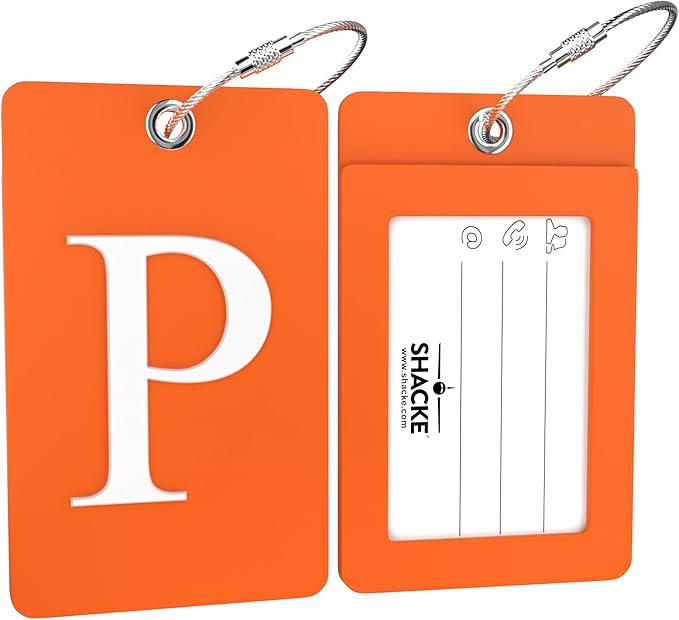 Shacke Luggage Tag Initial – Fully Bendable Tag w/Stainless Steel Loop - Orange (Letter P)