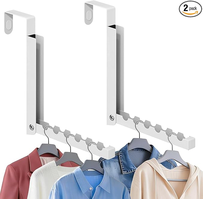2-Pack Foldable Over-The-Door Hooks, Travel Portable Clothes Drying Rack, 6-Hook Space Saver for Clothing, Coats, Bags, Laundry Room, Bedroom, Bathroom, Entryway, Dorm - White