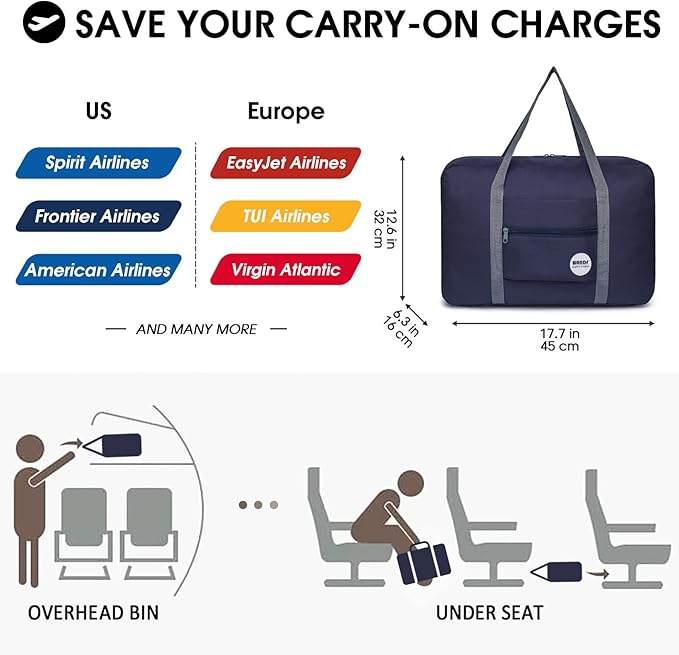 WANDF For Spirit Airlines Personal Item Bag 18x14x8 Travel Duffel Bag Underseat Foldable Carry-on Luggage for Women