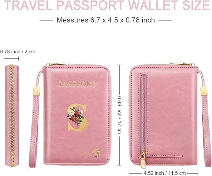 Passport Holder for Travel Personalized Passport Holder Initial Letter Rose Flower RFID Blocking Travel Wallets Credit Cards Holder for Women Men, Pink S
