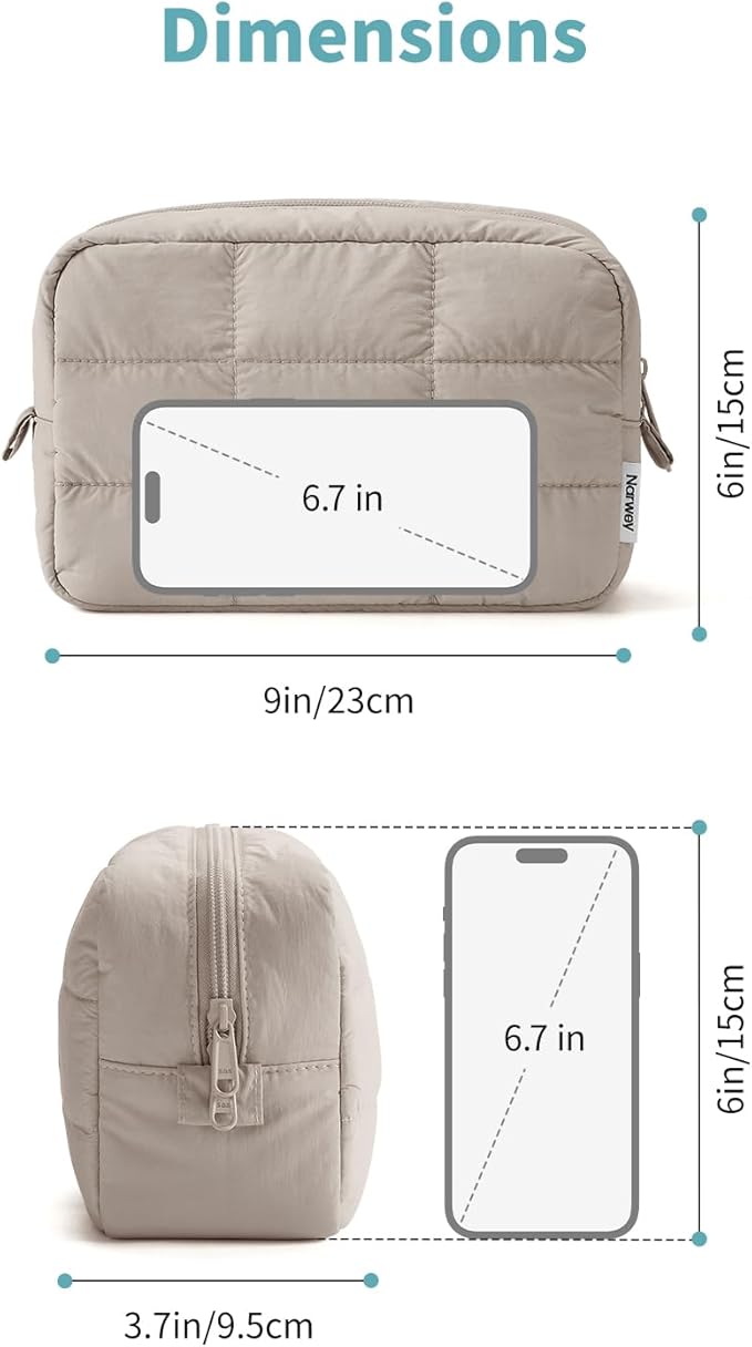 Narwey Quilted Makeup Bag for Women Girl, Puffer Travel Cosmetic Bag Puffy Make Up Bag Organizer, Cute Travel Toiletry Bag for Toiletries (Khaki)