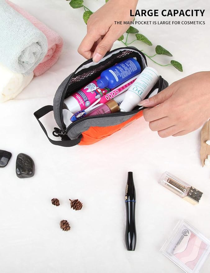 GOX Travel Small Toiletry Bag for Men Nylon Dopp Kit Medicine Bag Travel Organizer Pouch Shave Kits for Teens Toiletry Essentials Bathroom Compact (Orange, 7.9 * 3.7 * 2 Inches)