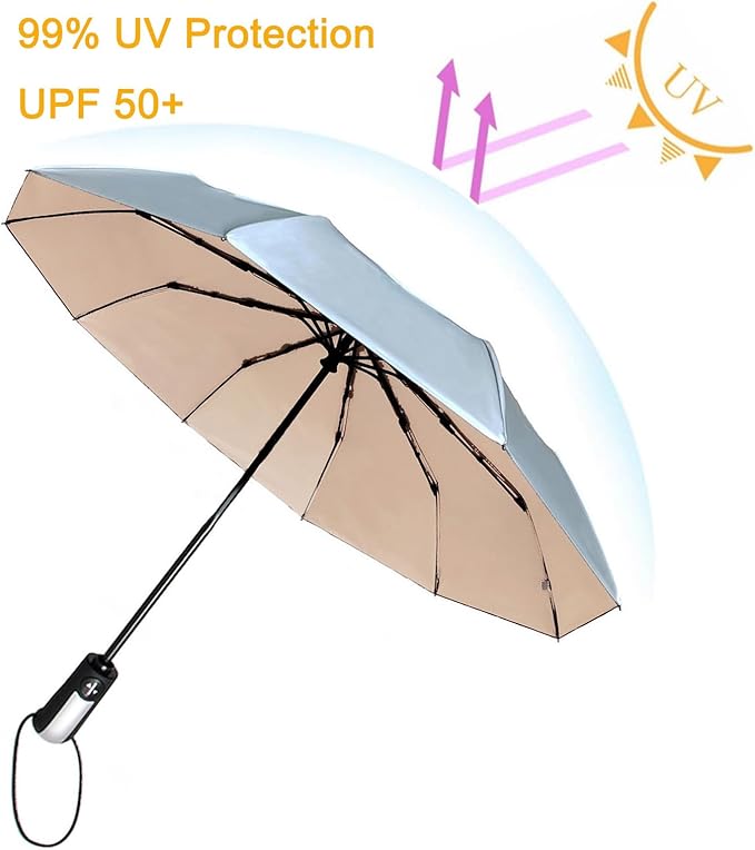 TradMall Travel Umbrella Windproof with 46 Inches Large Canopy 10 Reinforced Fiberglass Ribs Ergonomic Handle Auto Open & Close, Silver/Light Pink