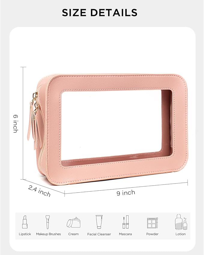 LETGO Clear Makeup Bags, TSA Approved Toiletry Bag with Zipper, Makeup Organizer for Carry-on Travel Essentials, Car Accessories Organizers Storage for Women Men (Clear-Pink)