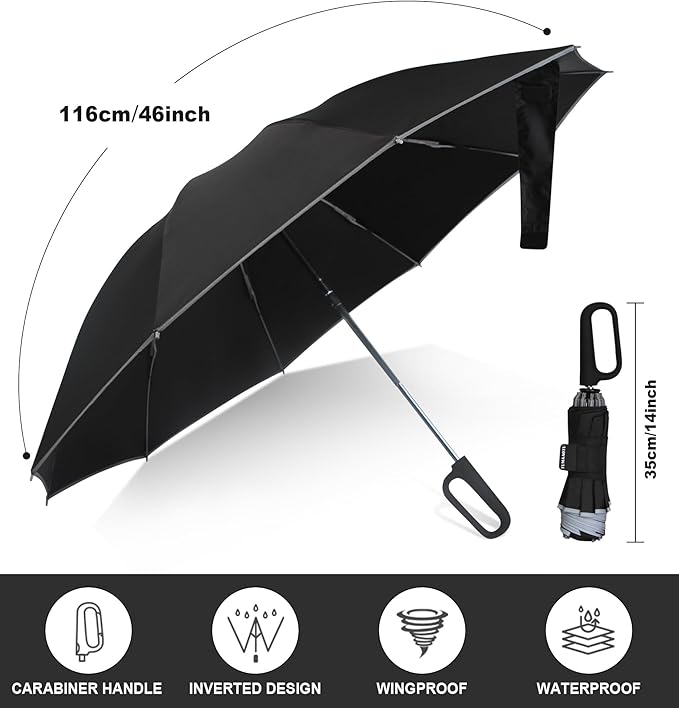 QWB TUMAAOTU Inverted Umbrella with Carabiner Handle, Compact Wind Proof Umbrellas For Rain and Sun Protection, Portable Reverse Folding Umbrella, Car Umbrella for Women Men, 10 Ribs