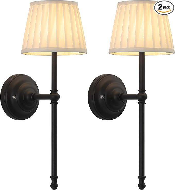 KDG Black Cordless Wall Sconces Set of 2, Beige Fabric LED Wall Lamps | Wireless Small Rechargeable Battery, Portable Lighting for Wall Painting, Living Room, Bedroom, Hallway, Gifts, Night Light