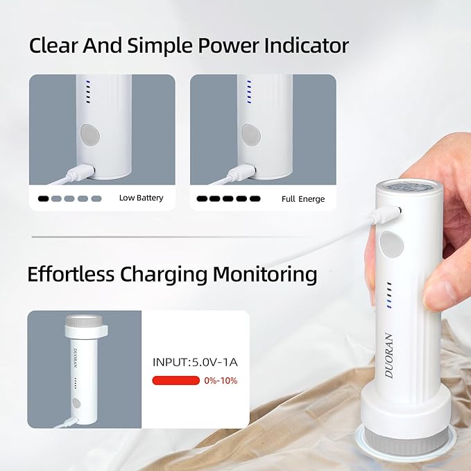 Cordless Electric Vacuum Pump for Vacuum Storage Bags Travel Air Pump, Portable USB Rechargeable Seal & Compression Bag Pump for Clothes, Blankets & Bedding (Grey)