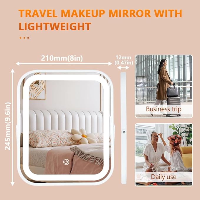 YEKKOPT Rechargeable Vanity Mirror with Lights,8x10 Inch 3 Color Lighting Portable Makeup Mirror with Touch Screen Adjustable LED Lights,Desk Mirror for Travel, Home