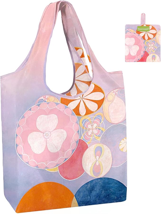 BeeGreen Oil Painting Aesthetic Tote Bag - Large Reusable Grocery Bag, Polyester Grocery Bags Gifts for Women,Foldable, Washable, Packable with Handles & Pouch for Shopping, Beach, Work, Summer