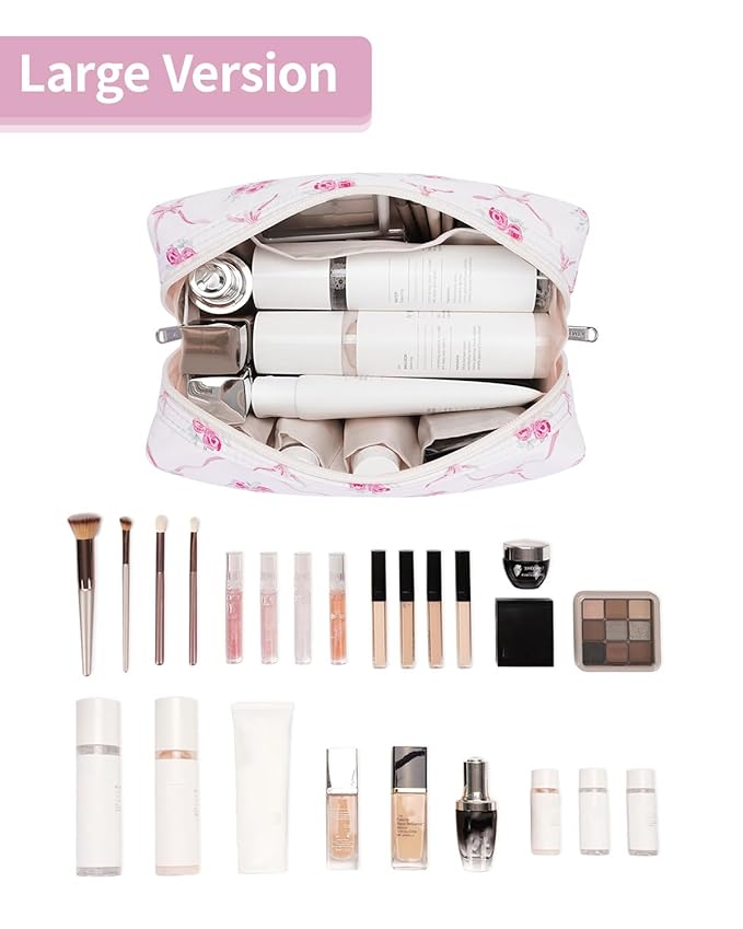 Narwey Makeup Bag Travel Cosmetic Bag Organizer Toiletry Bag Make Up Bags with Compartments for Women Girls (Bowknot and Flower)