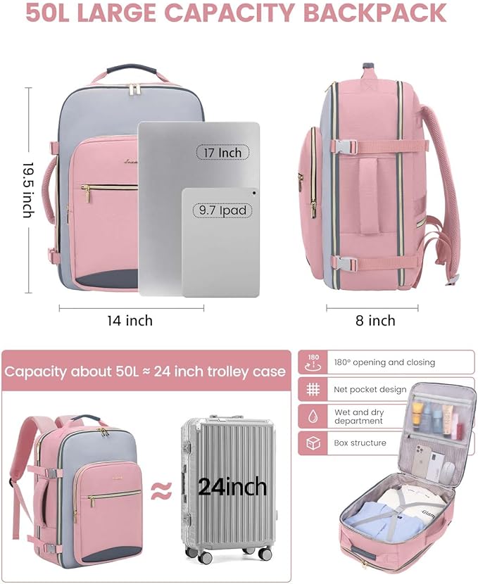 LOVEVOOK 50L Travel Backpack for Women & Men, Airline Approved Carry On Luggage with 3 Packing Cubes, TSA Overnight Bags, Waterproof Personal Item Bag, Weekender Essentials Backpacks fits 17" Laptop